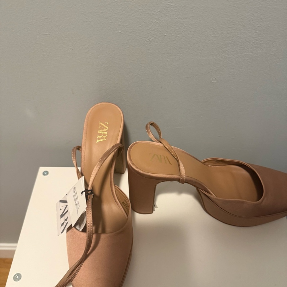 ZARA Women's Nude Brown Block Heel Slingback Pumps